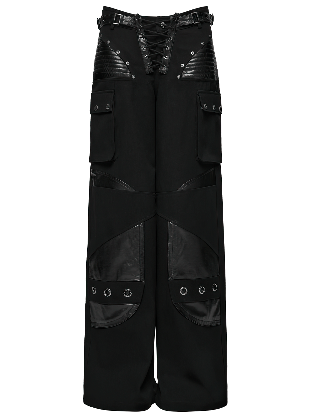 Punk Low-Waist Wide-Leg Pants with Belt and Pockets featuring black twill fabric and decorative patchwork design.