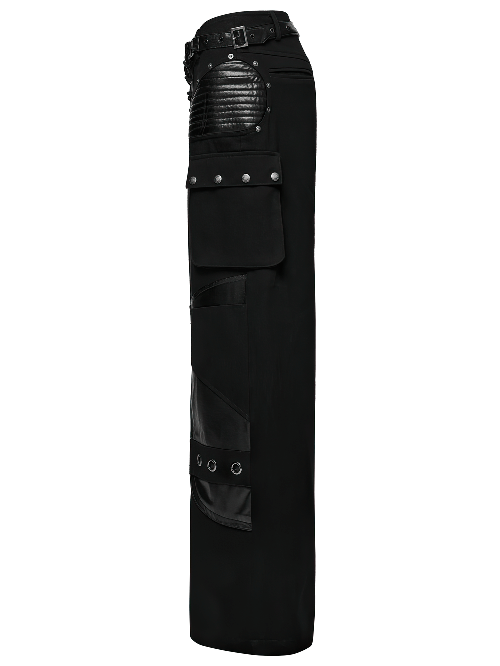 Punk Low-Waist Wide-Leg Pants with Belt and Pockets showcasing a stylish black design and unique patchwork details.