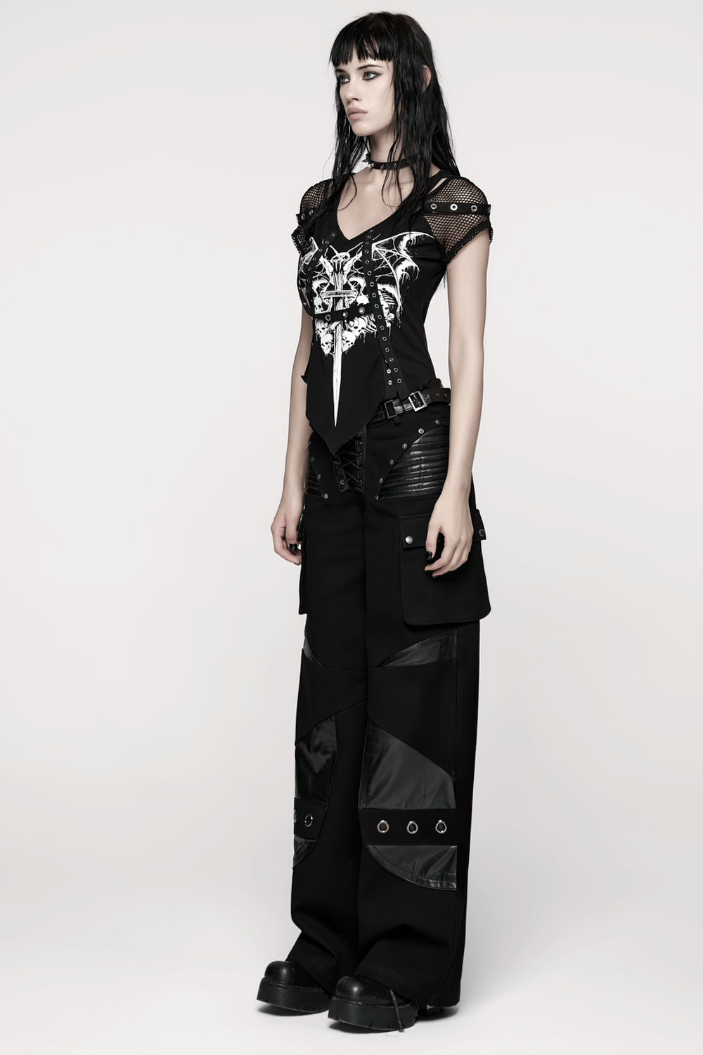 Punk Low-Waist Wide-Leg Pants with Belt and Pockets paired with a stylish graphic top, exuding edgy fashion vibes.