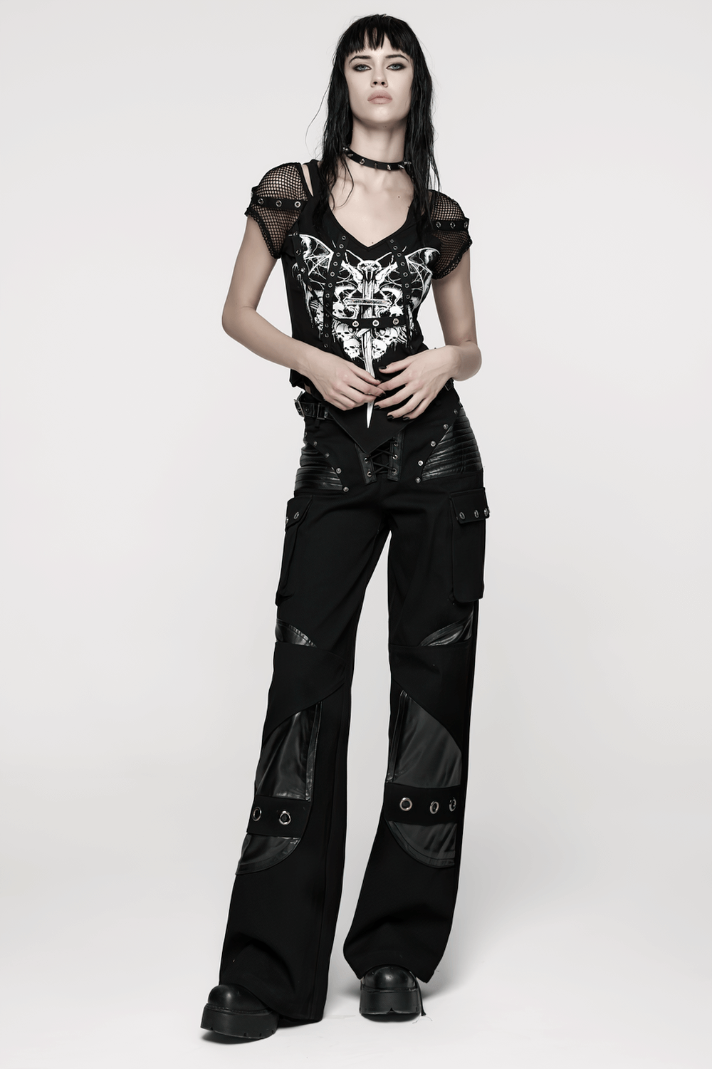 Punk Low-Waist Wide-Leg Pants with Belt and Pockets featuring a stylish model showcasing contemporary punk fashion.