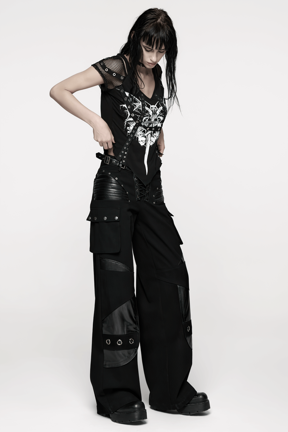 Punk Low-Waist Wide-Leg Pants with Belt and Pockets worn by model, showcasing contrasting fabrics and a stylish punk vibe.
