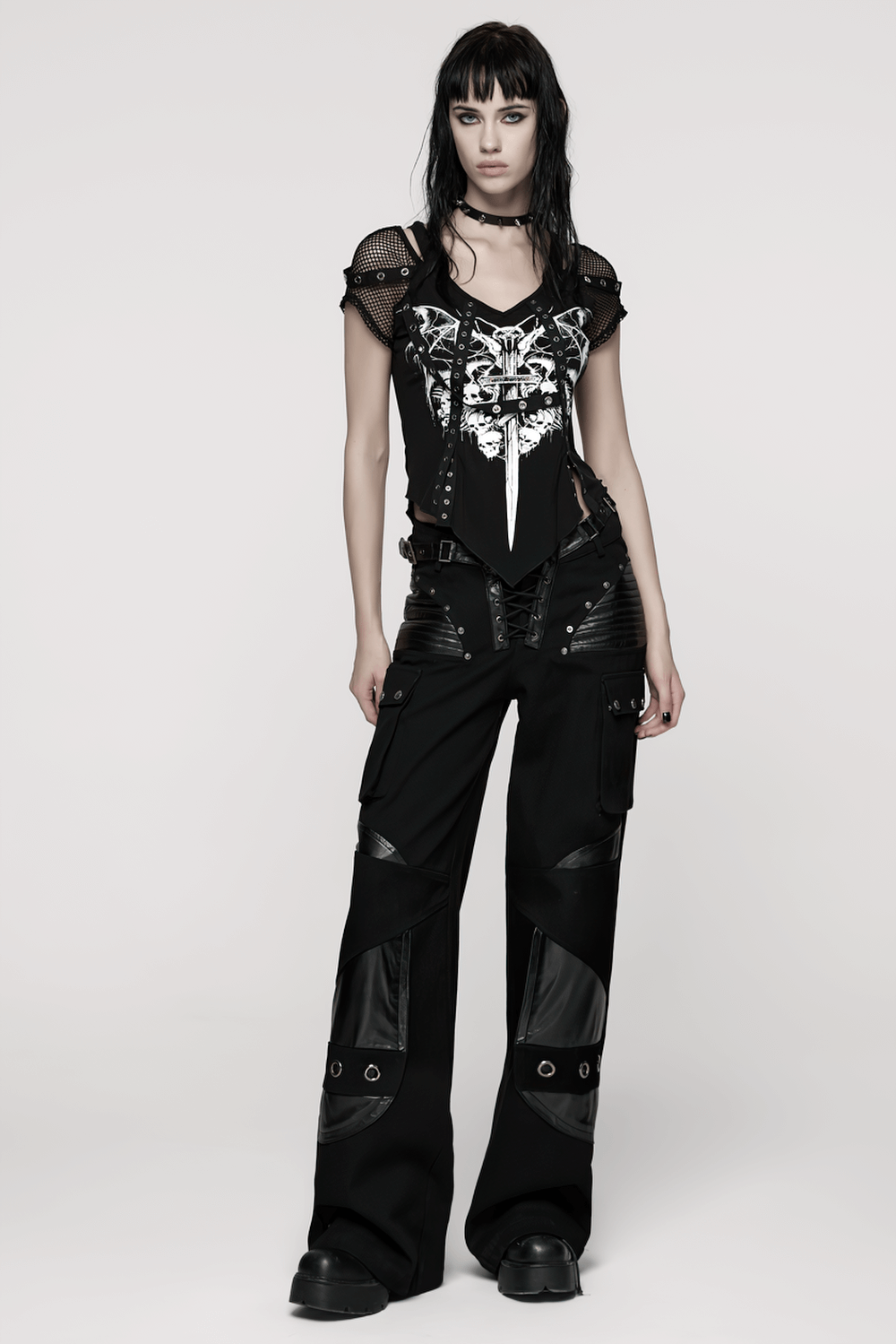 Punk Low-Waist Wide-Leg Pants with Belt and Pockets styled with a black graphic top and edgy accessories.
