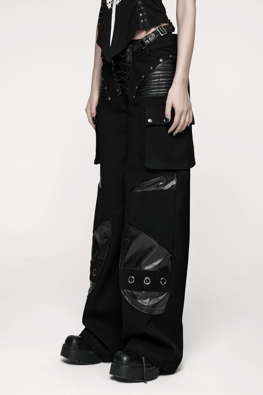 Punk Low-Waist Wide-Leg Pants with Belt and Pockets styled for a casual punk look with unique patchwork and pockets.