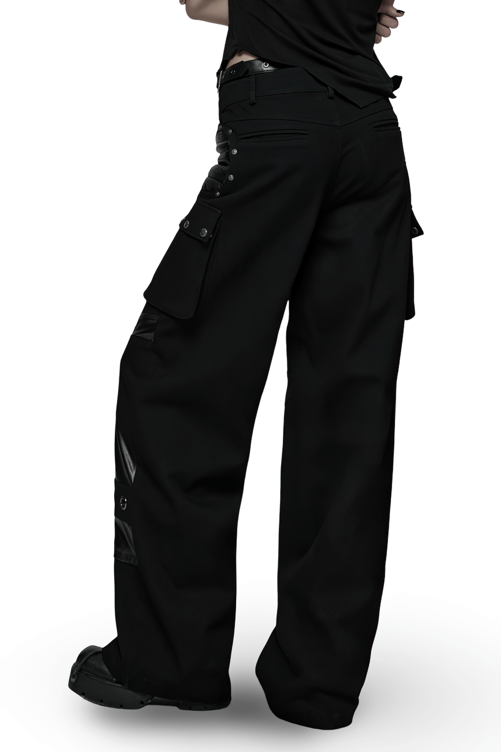 Punk Low-Waist Wide-Leg Pants with Belt and Pockets showcasing a stylish back view, featuring pockets and a loose fit.