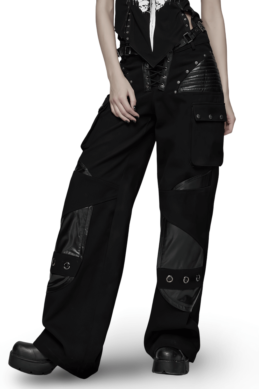 Punk Low-Waist Wide-Leg Pants with Belt and Pockets showcased on a model, emphasizing their casual punk style and unique design.