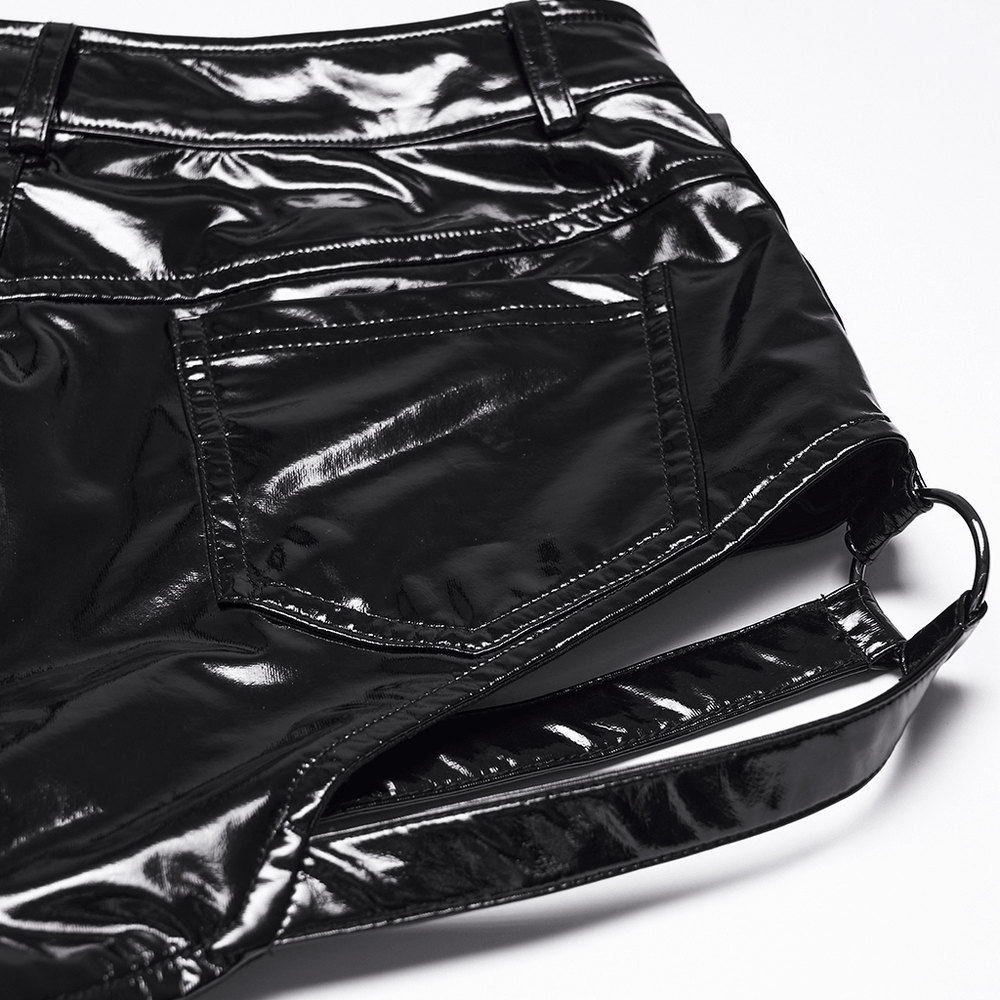 Punk Low Waisted Patent Leather Shorts with Studs showcasing shiny black fabric and edgy design details.