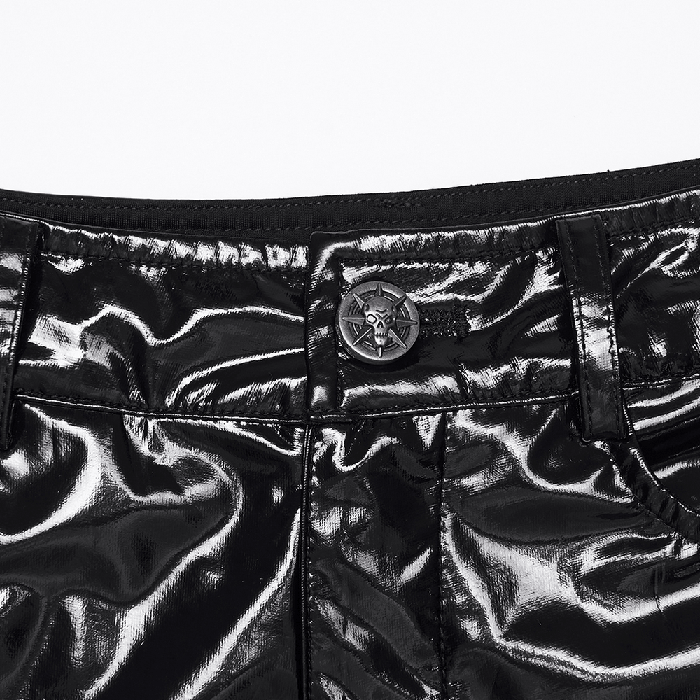 Punk Low Waisted Patent Leather Shorts with Studs close-up of black patent waistband and button detail.