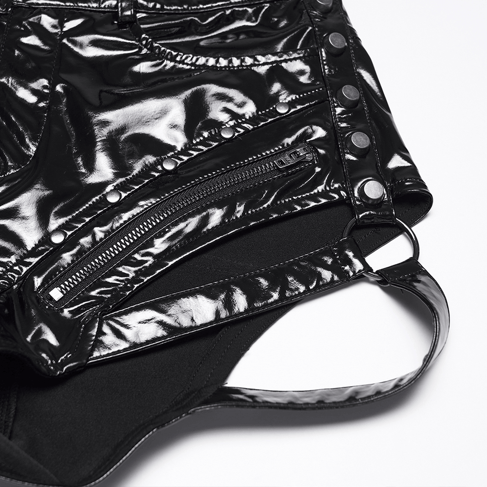 Punk Low Waisted Patent Leather Shorts with Studs showcasing edgy zippers and studded details in black patent leather.