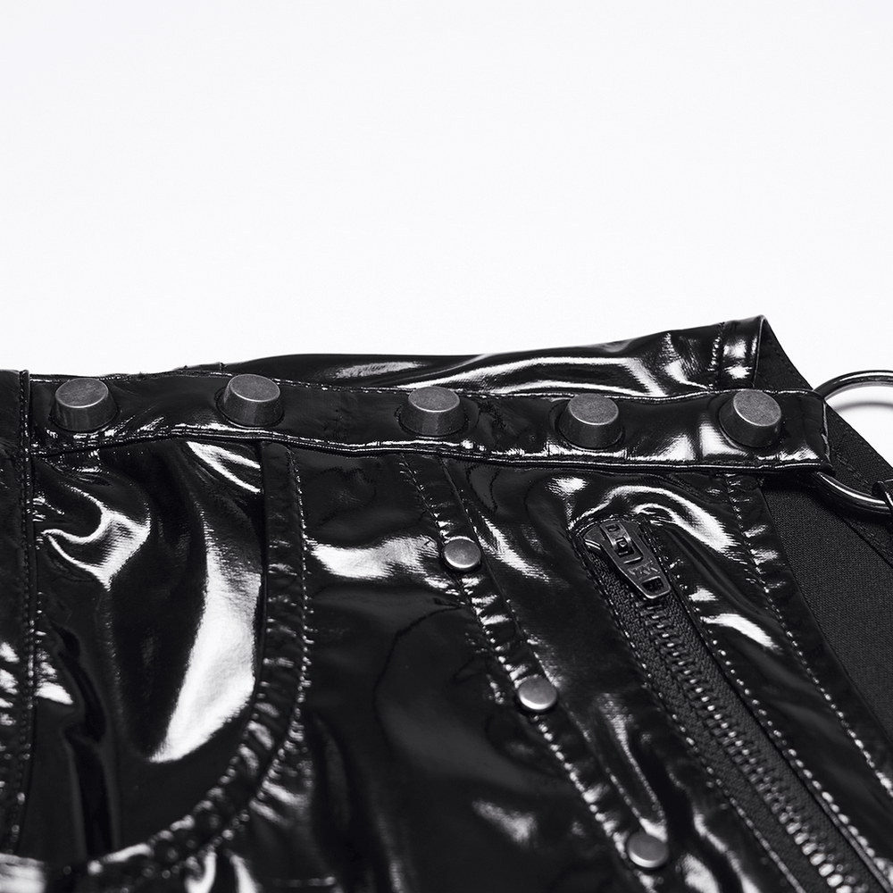 Punk Low Waisted Patent Leather Shorts with Studs close-up showing zippers and studded detailing