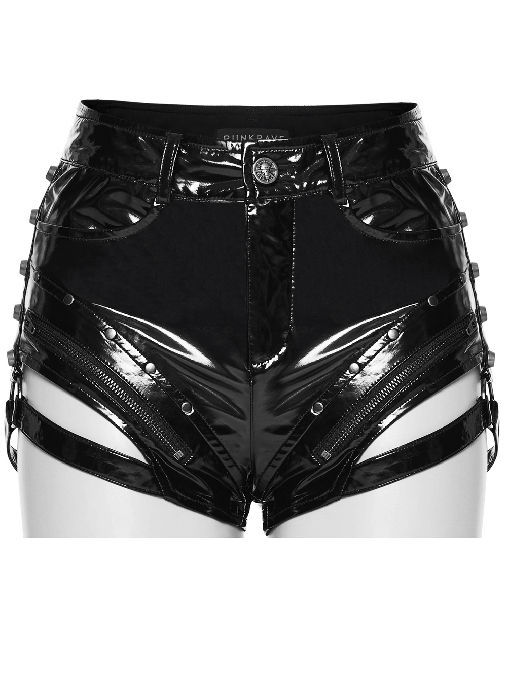 Punk Low Waisted Patent Leather Shorts with Studs featuring zippers and studded details for a bold look.
