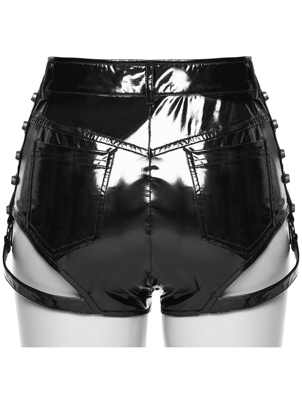 Punk Low Waisted Patent Leather Shorts with Studs featuring shiny black patent finish and studded detailing.