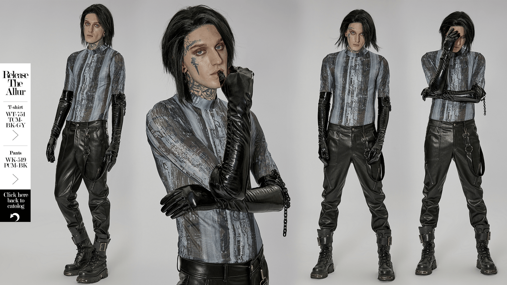 Punk male model showcasing glossy patent leather gloves with detachable chain and edgy outfit.