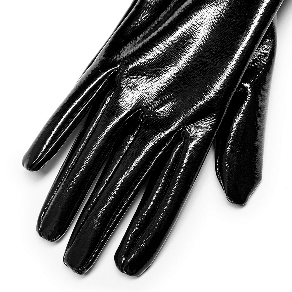 Edgy black patent leather gloves for men with a fitted design and stylish shiny finish.