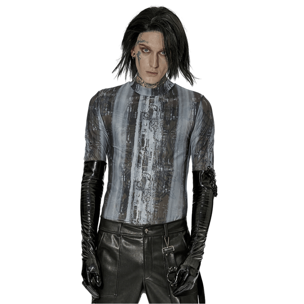 Edgy male model in glossy patent leather gloves showcasing a punk style with a sleek printed top.