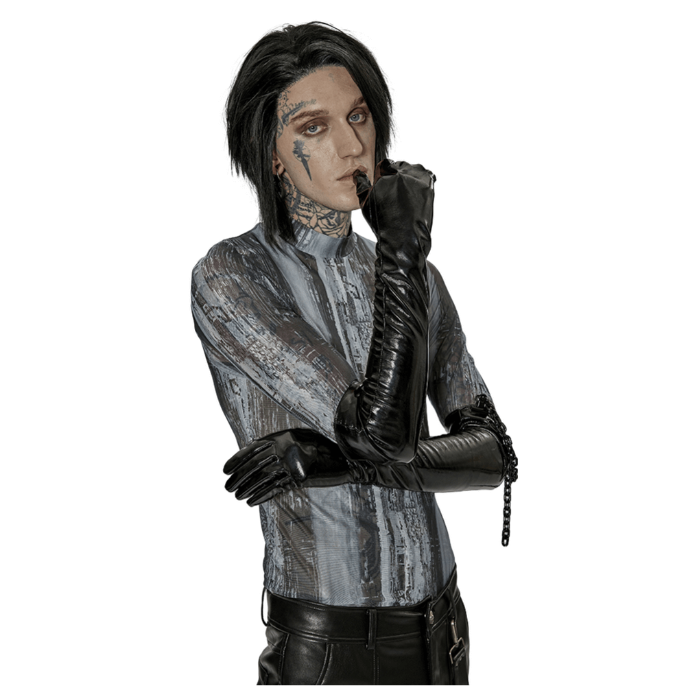 Punk male model showcasing edgy patent leather gloves with detachable chain, exuding a rebellious vibe.