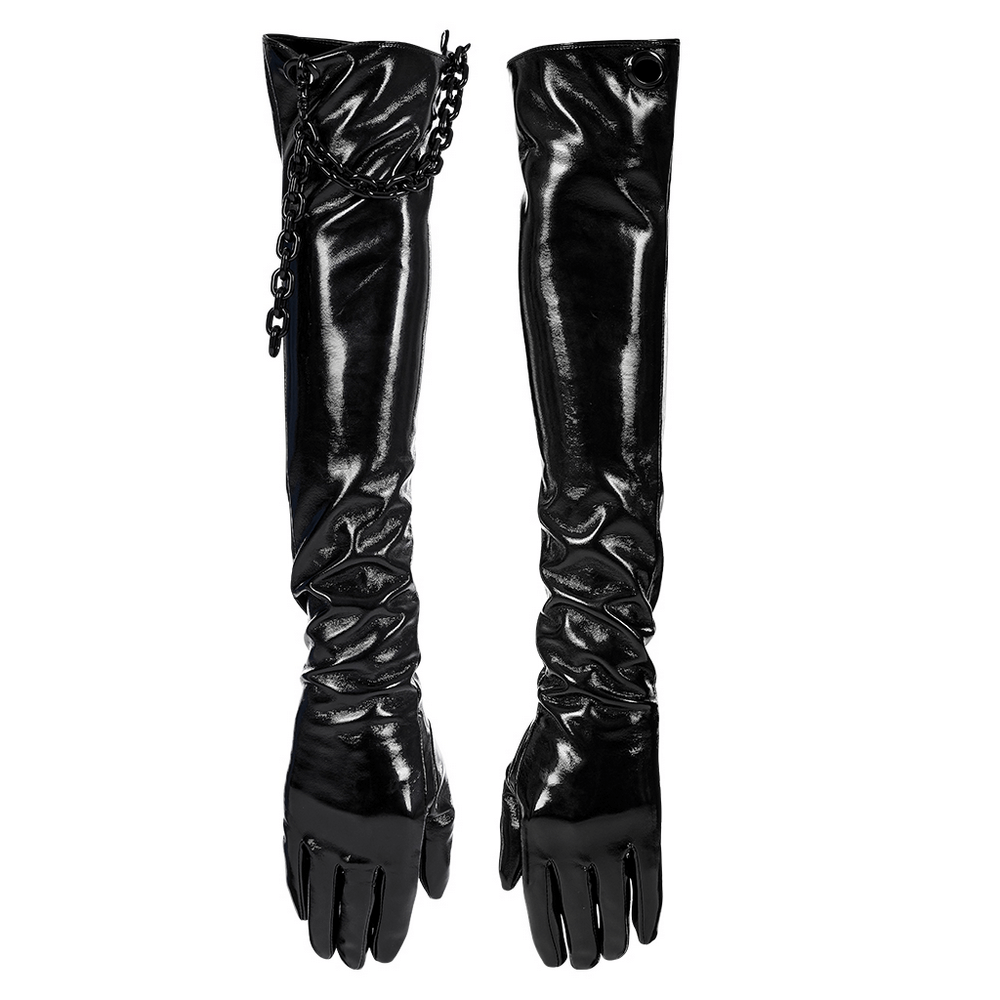 Punk male patent leather gloves with detachable chain, exuding edgy style and a tight fit for a commanding look.