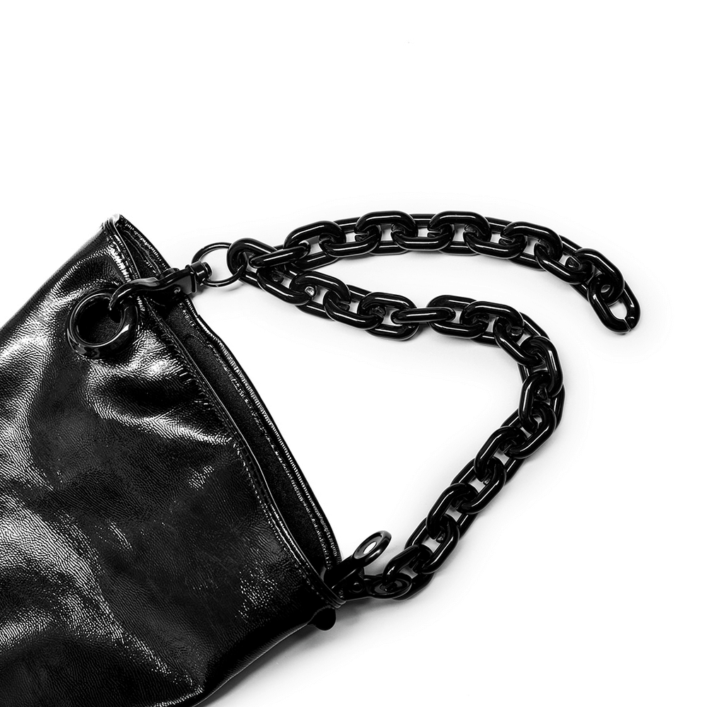Glossy black patent leather bag with a chunky black chain handle, perfect for edgy, stylish looks.