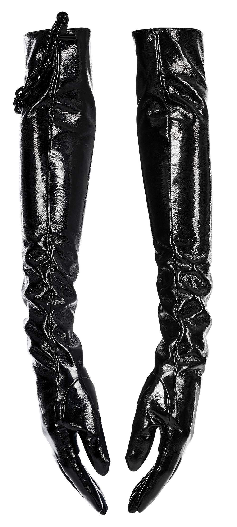 Edgy black patent leather gloves with detachable chain, exuding a punk rebel style for a bold fashion statement.