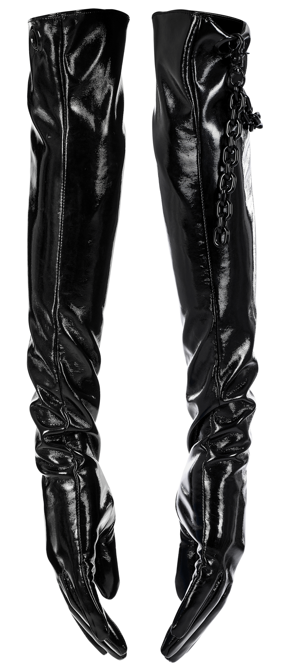 Punk male patent leather gloves with detachable chain, exuding edgy style and a tight fit.