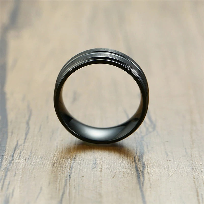 Punk Matte Stainless Steel Ring with Groove / Black Men's Jewelry / Rave outfits - HARD'N'HEAVY