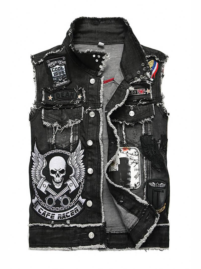 Punk Men Denim Vests / Black Rock Style Skull Embroidery Waistcoat / Punk Rock Clothing - J2861 - HARD'N'HEAVY