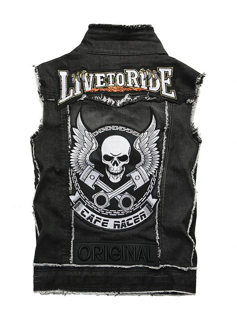 Punk Men Denim Vests / Black Rock Style Skull Embroidery Waistcoat / Punk Rock Clothing - J2861 - HARD'N'HEAVY