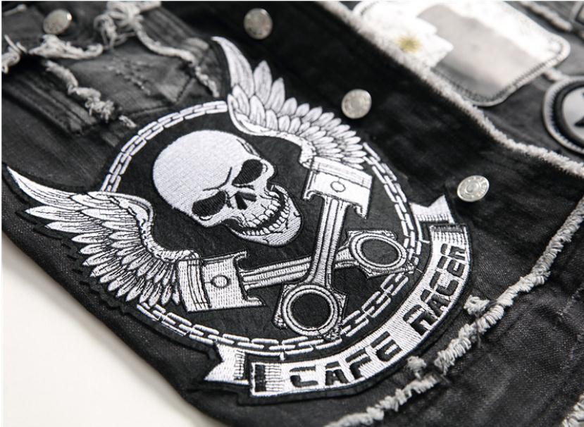 Punk Men Denim Vests / Black Rock Style Skull Embroidery Waistcoat / Punk Rock Clothing - J2861 - HARD'N'HEAVY