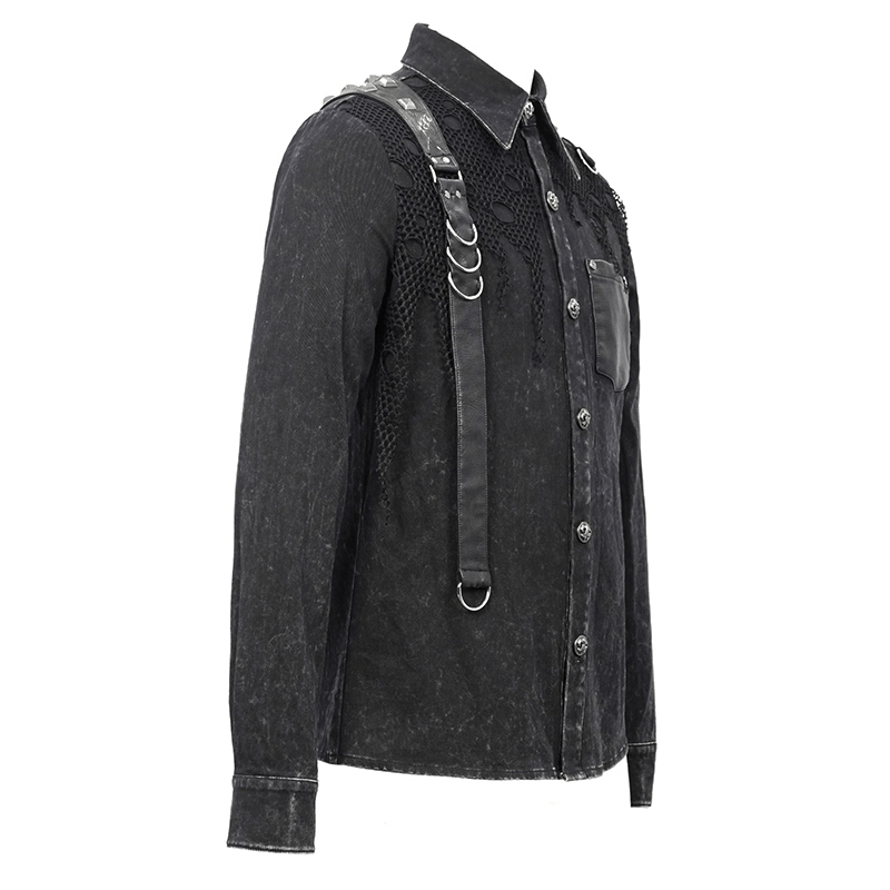 Stylish punk men's black shirt featuring PU leather straps and torn mesh for a unique edgy look.