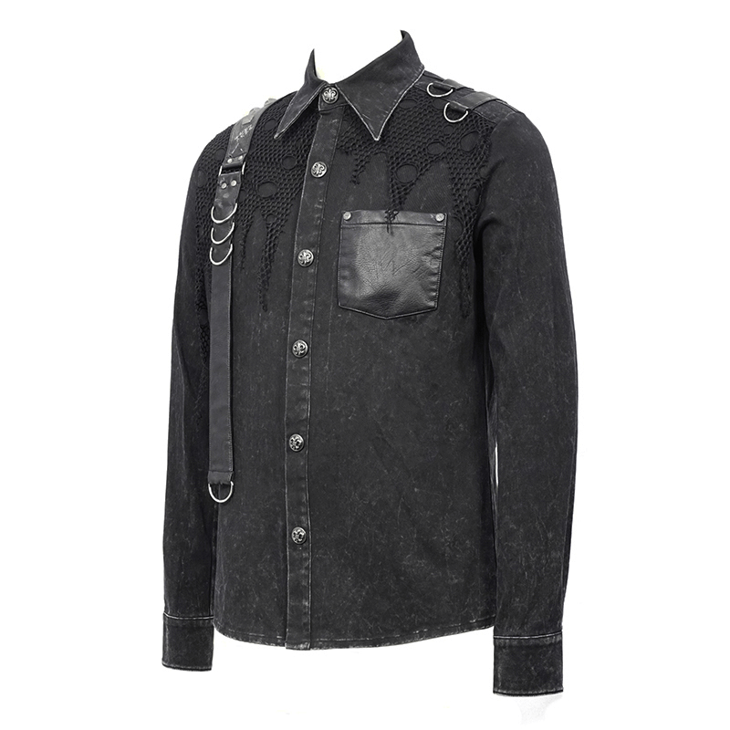 Punk men's black shirt with PU leather flaps, torn mesh, and stylish clasps, perfect for a bold edgy look.