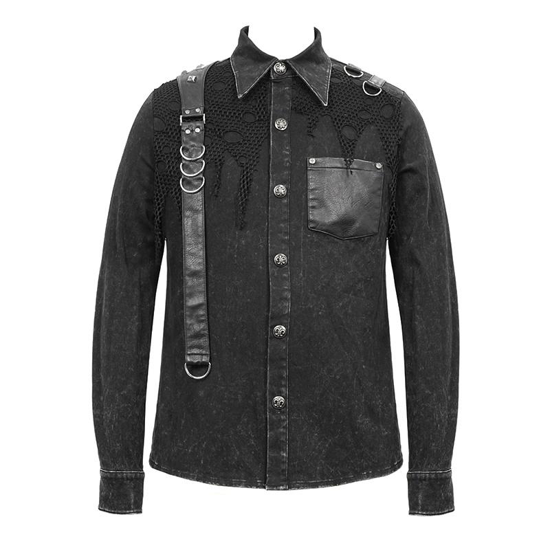 Punk men's black shirt featuring PU leather flaps, torn mesh, and stylish clasps and rivets.