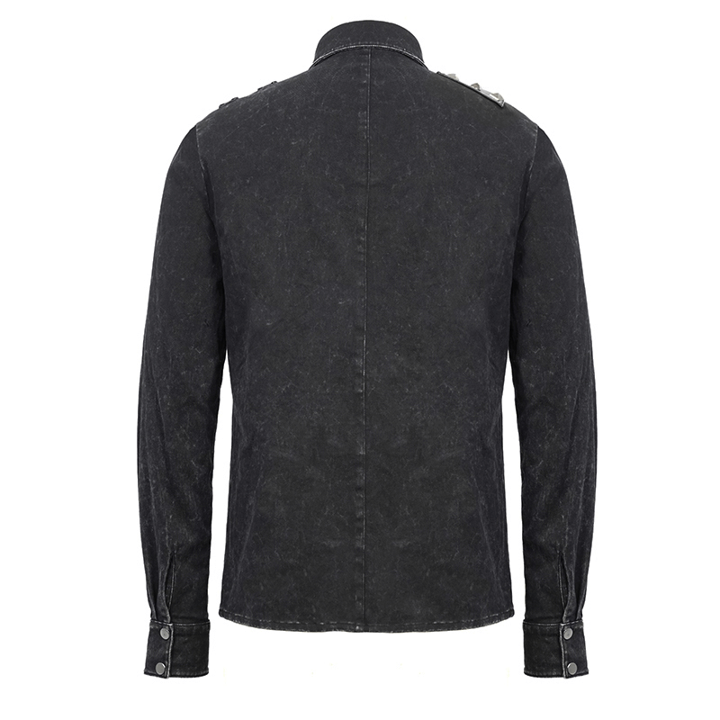 Stylish punk men's black shirt with PU leather flaps, showcasing the back view and button details.