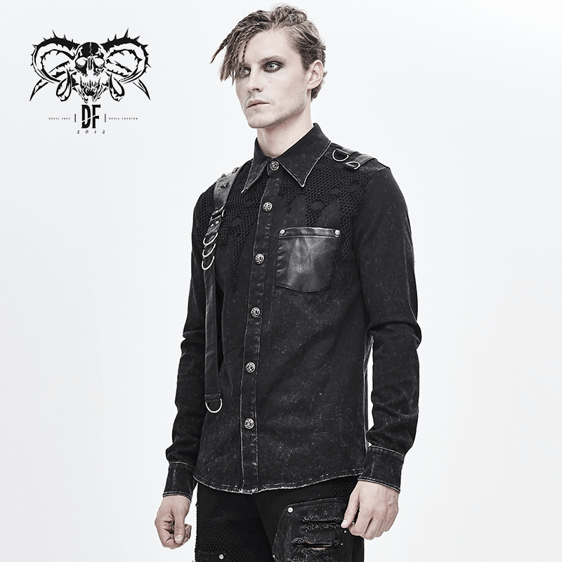 Men's punk black shirt featuring PU leather flaps, torn mesh, clasps, and rivets for a stylish look.