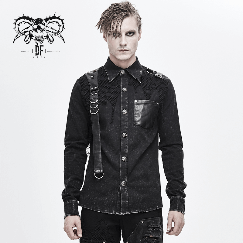 Men's punk black shirt with PU leather flap, mesh detail, and stylish clasps, perfect for a bold fashion statement.