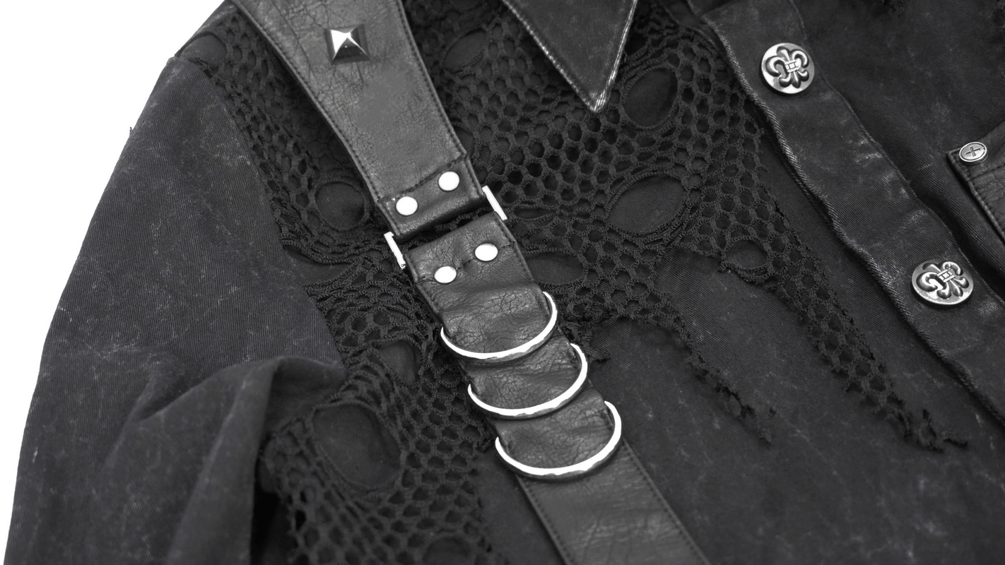 Close-up of a punk black shirt featuring PU leather straps, torn mesh, and metallic details.