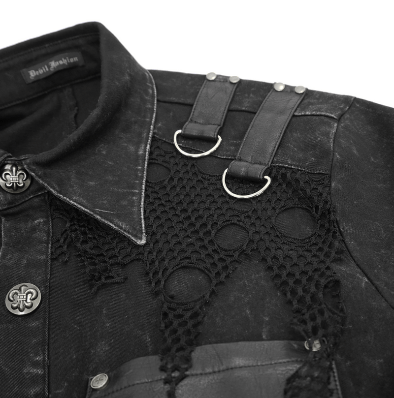 Punk men's black shirt featuring PU leather flaps, torn mesh design, clasps, and rivets for a stylish look.