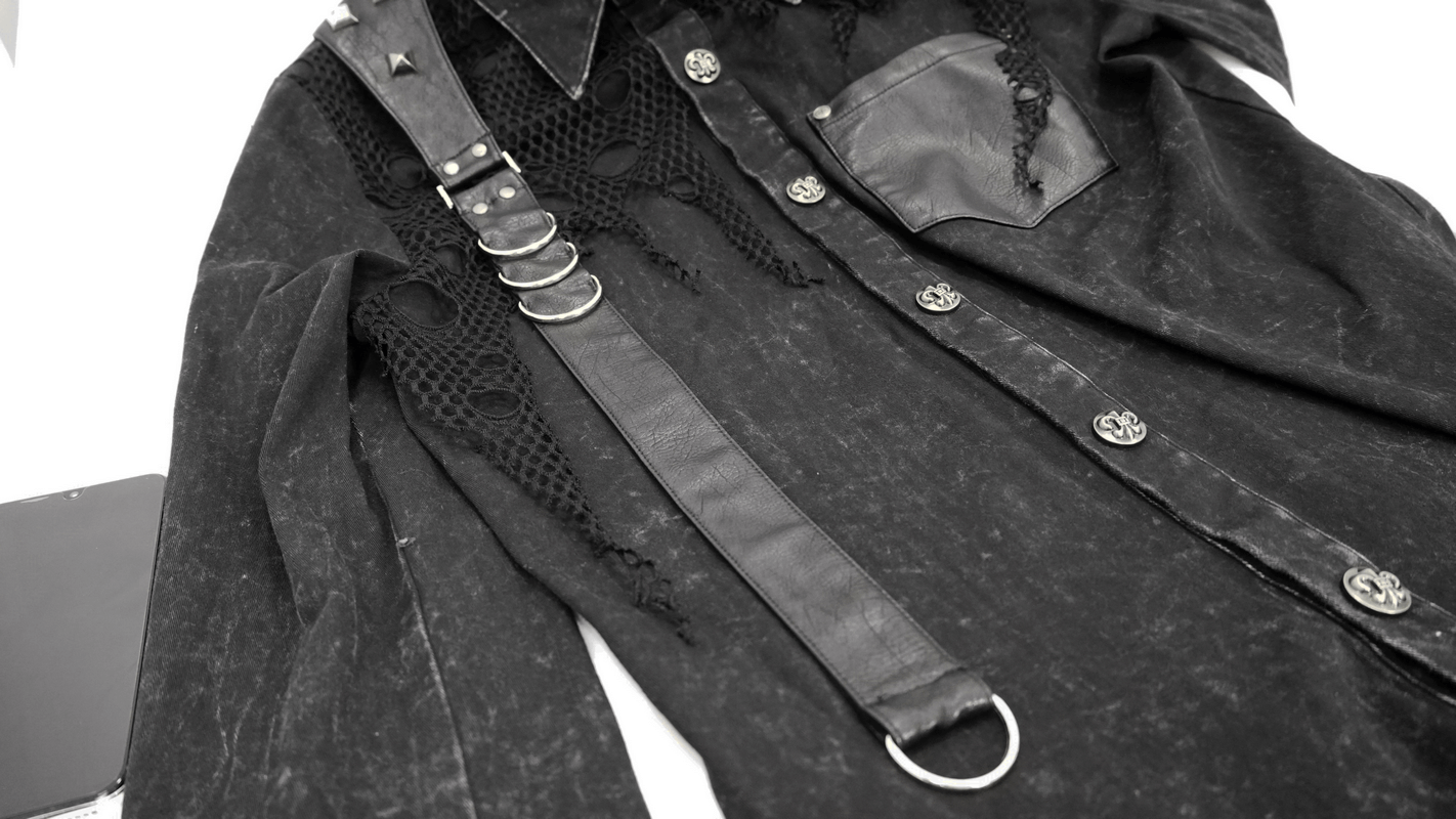Punk men's black shirt featuring PU leather flaps, torn mesh, and stylish clasps and rivets.