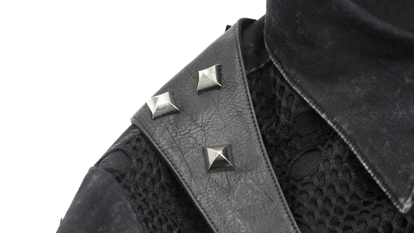 Close-up of punk black shirt featuring PU leather flaps and metallic studs for a bold style.