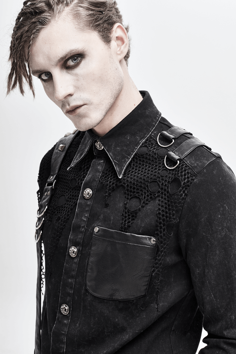 Punk men's black shirt with PU leather flaps and torn mesh, showcasing stylish clasps and rivets.