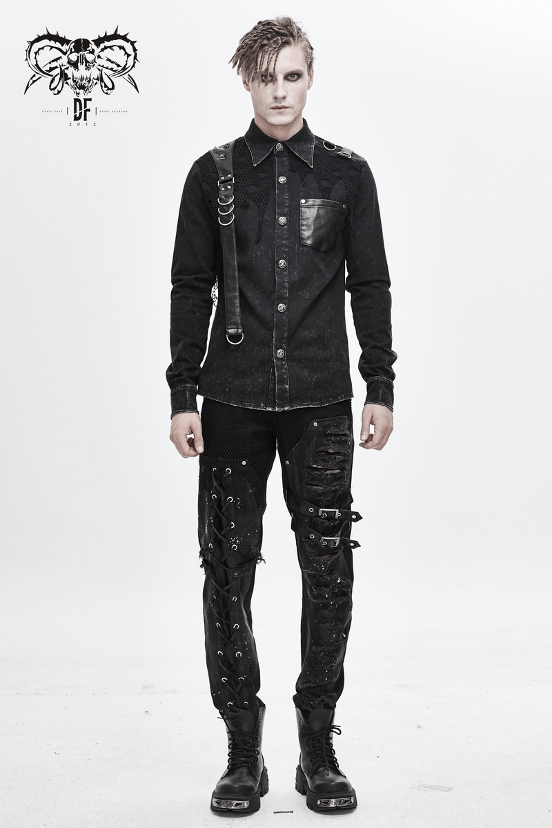Punk men's black shirt featuring PU leather flaps, torn mesh accents, clasps, and rivets for a stylish look.