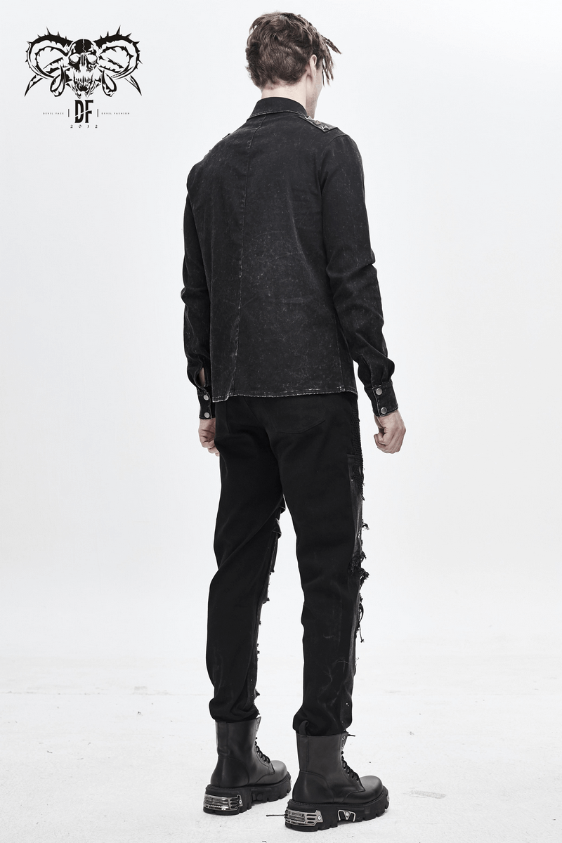 Punk men's black shirt with unique PU leather flaps, torn mesh, and stylish clasps and rivets from the back view.