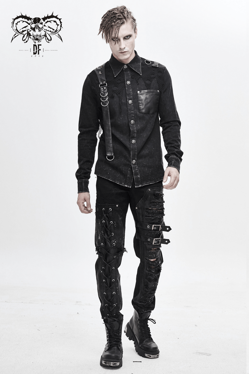 Punk Men's Black Shirt With PU Leather Flaps & Torn Mesh / Gothic Male Clasps & Rivets Shirts - HARD'N'HEAVY