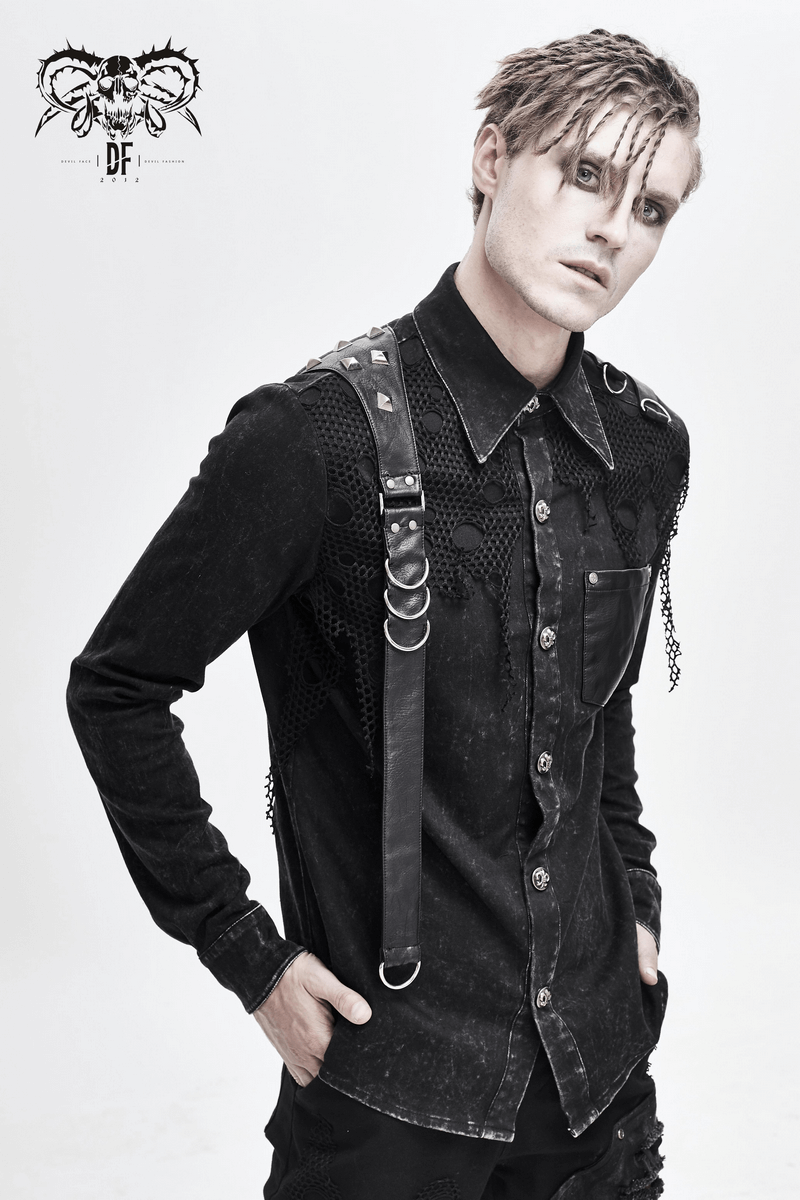 Stylish punk men's black shirt with PU leather flaps, torn mesh, and rivet details for a bold look.