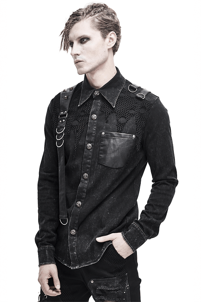 Punk Men's Black Shirt With PU Leather Flaps & Torn Mesh / Gothic Male Clasps & Rivets Shirts - HARD'N'HEAVY