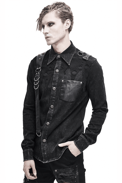Punk Men's Black Shirt With PU Leather Flaps & Torn Mesh with Clasps & Rivets