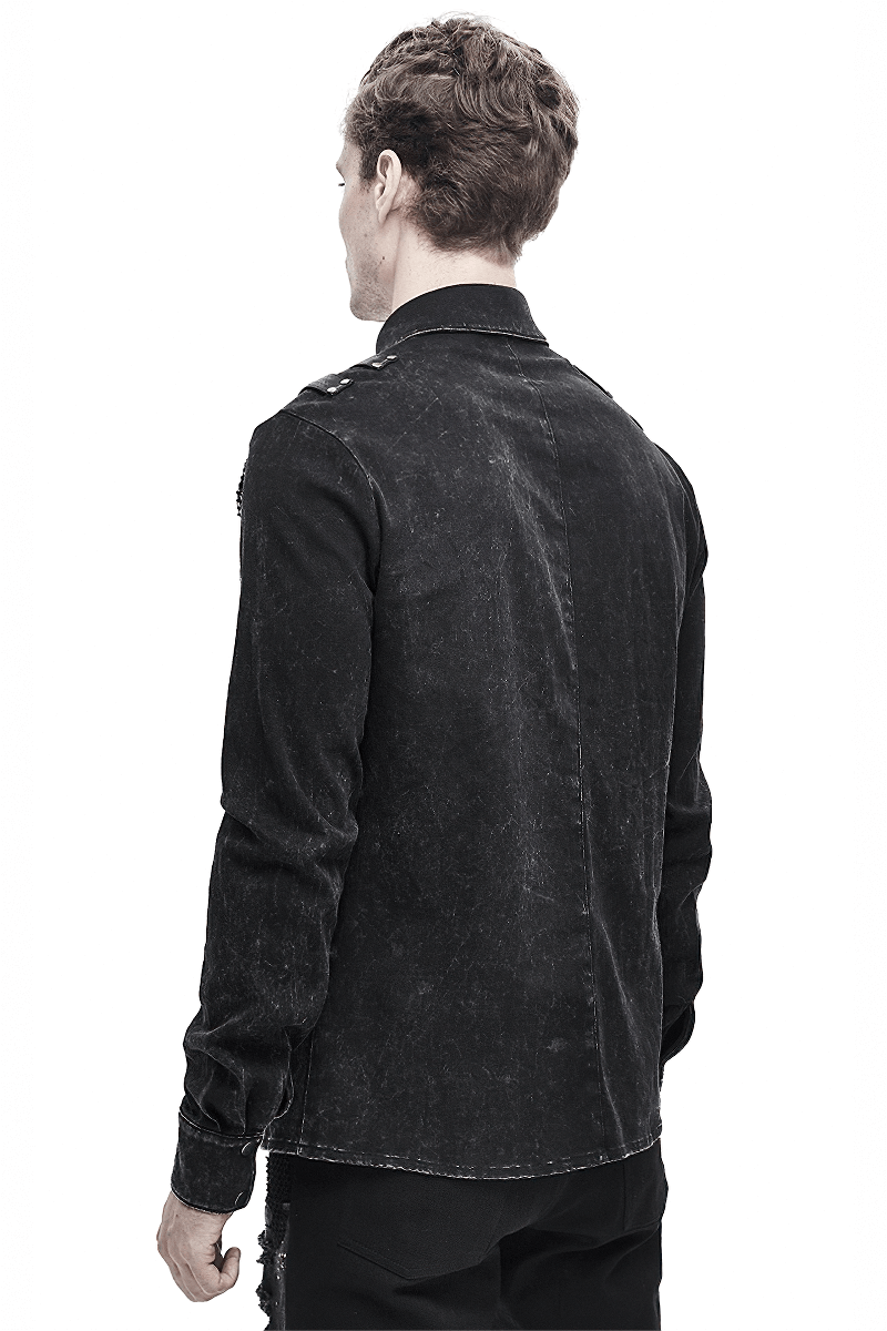 Back view of punk men's black shirt with PU leather flaps and torn mesh, showcasing stylish design and fitted cut.
