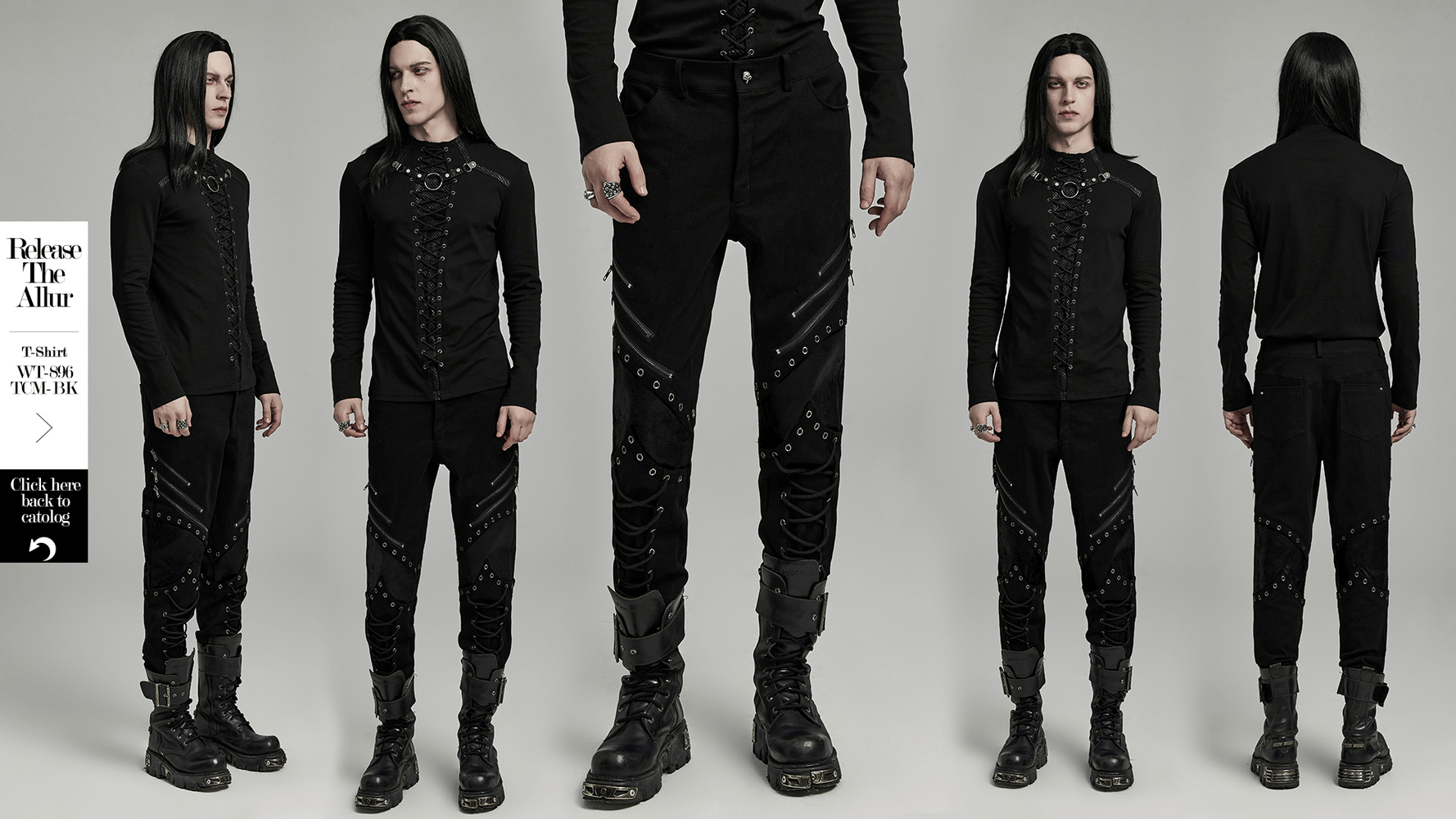 Punk men's black twill pants with zippers, eyelets, and unique patchwork style.