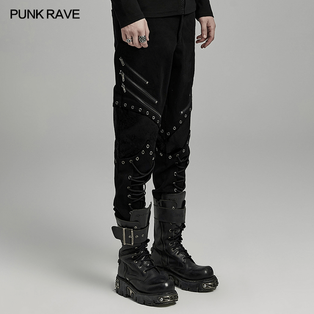 Punk men's black twill pants with zippers, eyelets, and buckles for a bold, gothic style.
