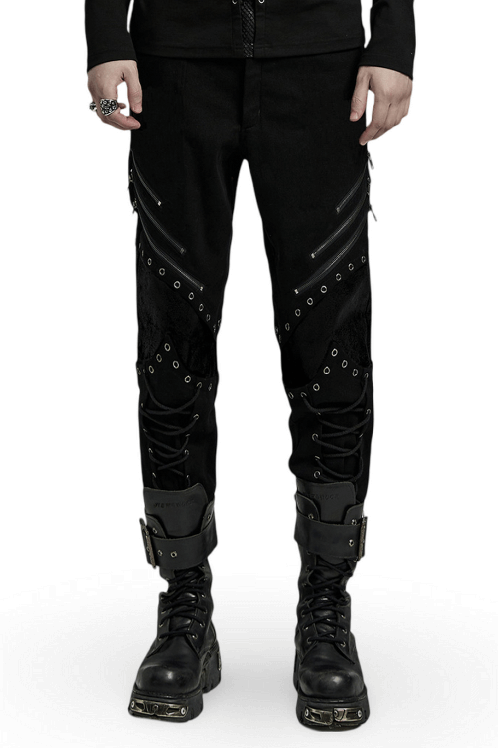 Punk men's black twill pants with zippers, eyelets, and buckles, showcasing a bold gothic style.