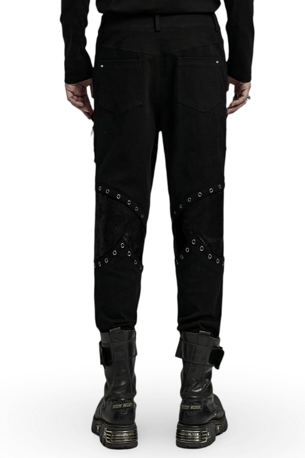 Pantalon en sergé noir Punk pour hommes avec fermetures éclair et œillets