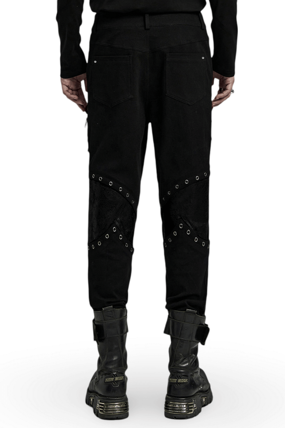 Back view of punk men's black twill pants with zippers, eyelets, and buckles, showcasing unique patchwork design.